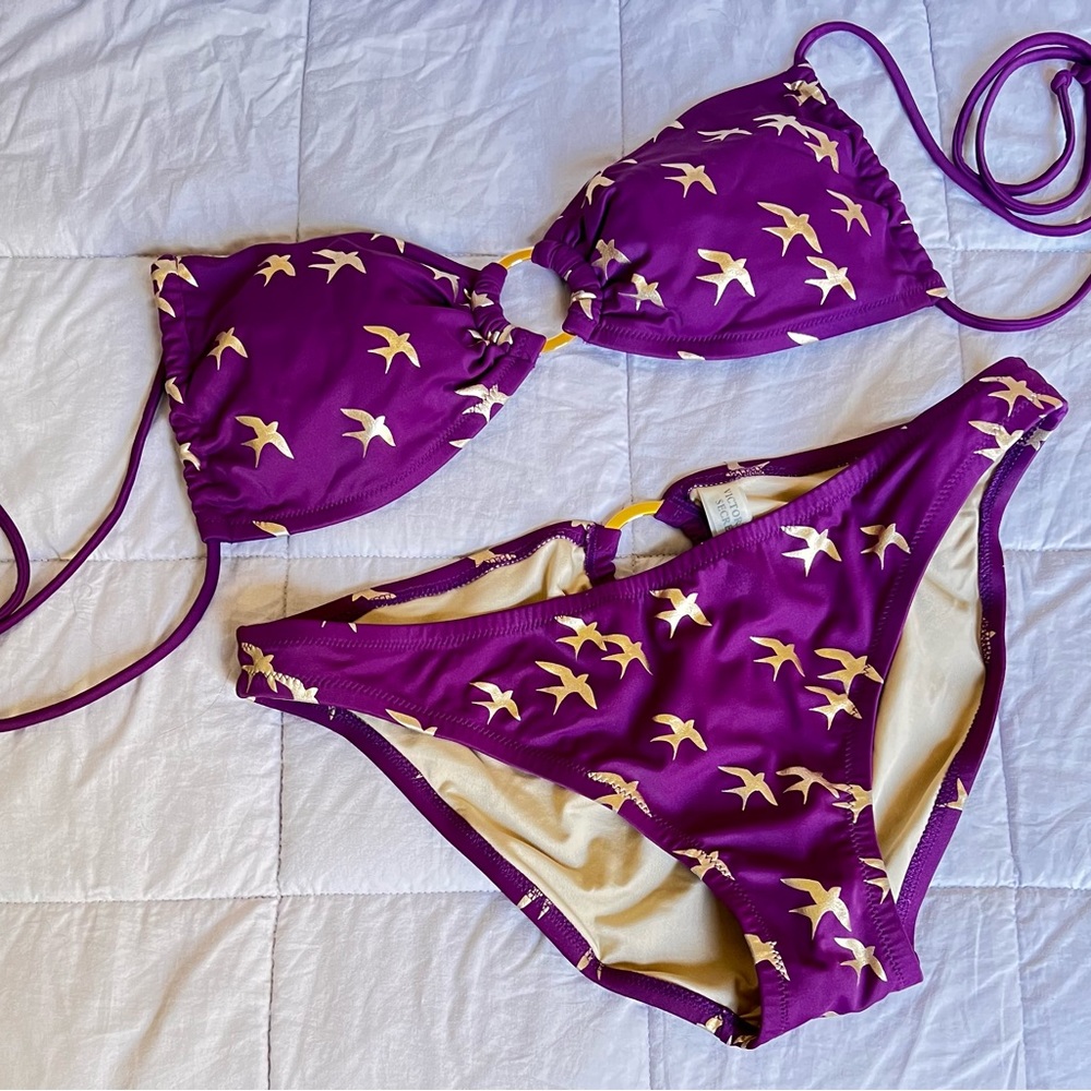 Victoria’s Secret Tie Bikini - Plum/Grape w/ Gold Bird Print & Gold Accent Rings